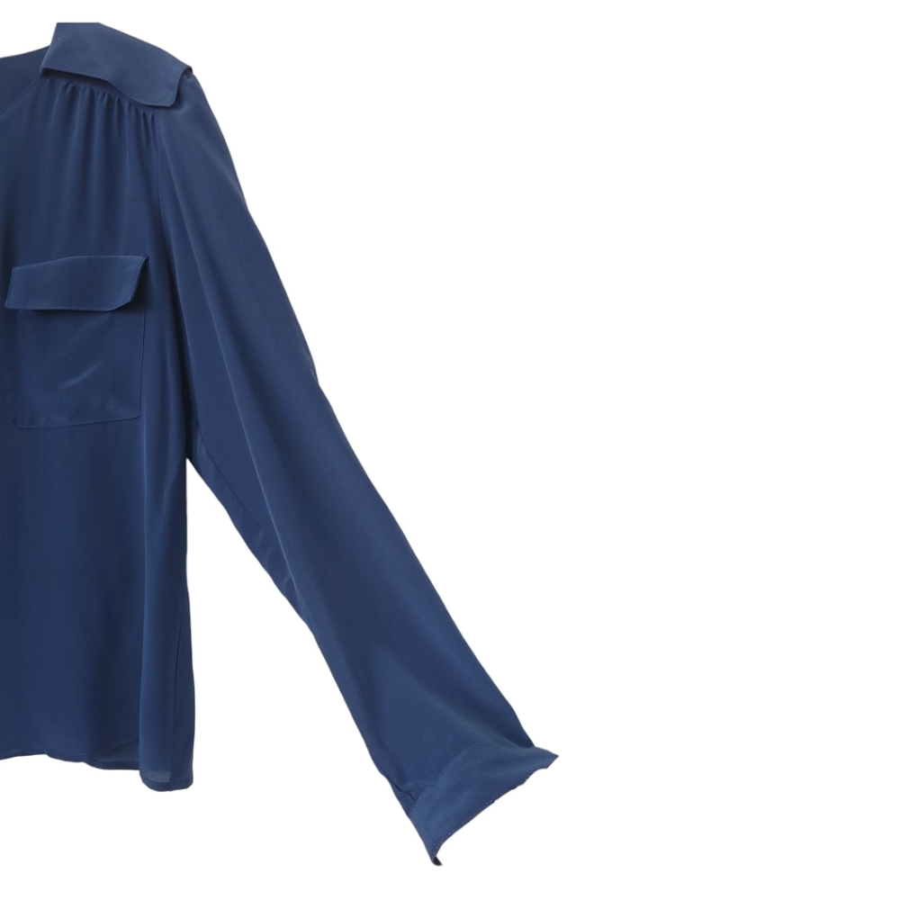 Hunter Dixon Navy Silky Blouse Gold Buttons Utility Pocket Top Size L Office‎ - Picture 6 of 11